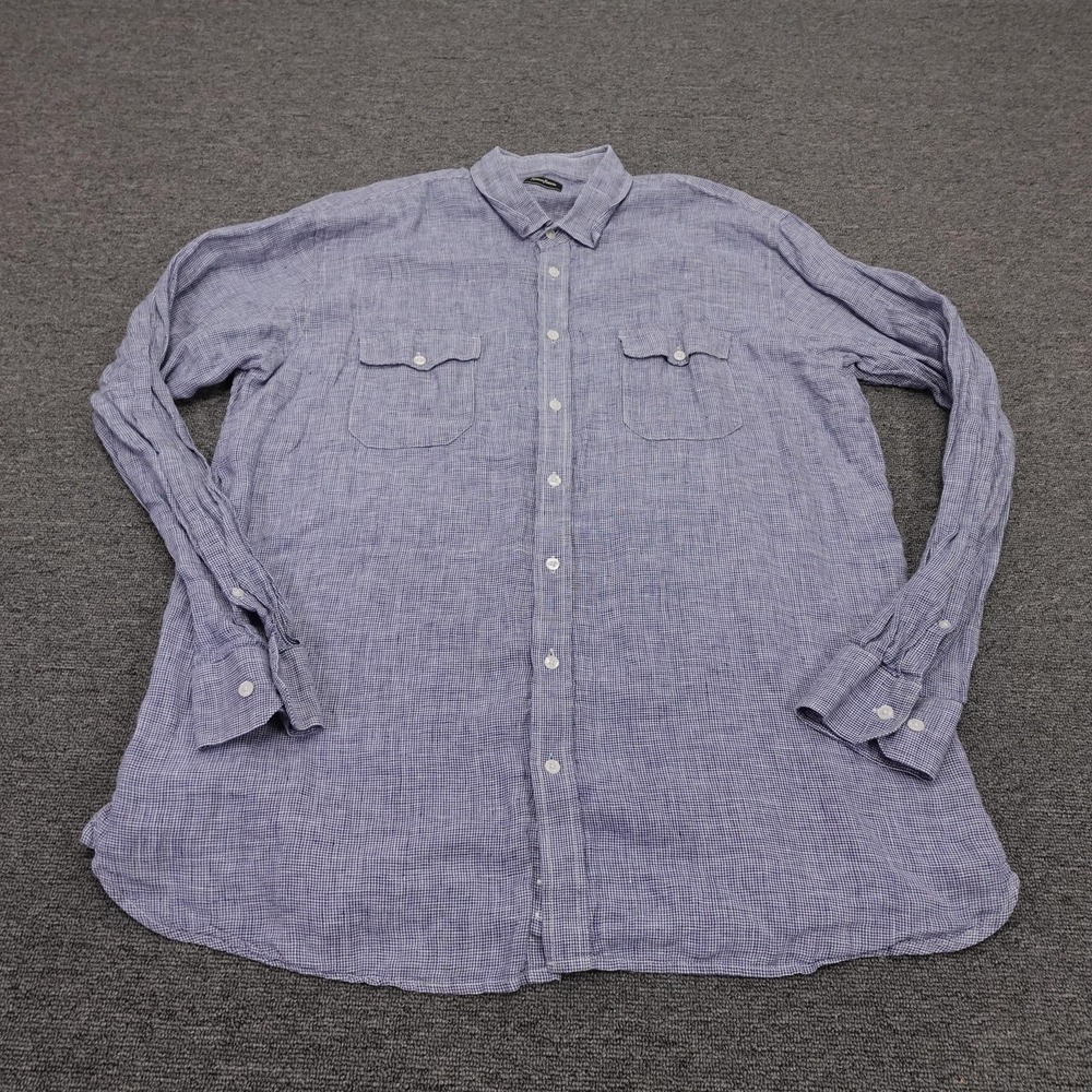 Neiman Marcus Shirt Mens 2XL Blue Check Linen Long Sleeve Button Up Casual
